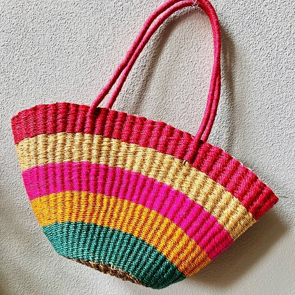 Bright Colorful Striped BORACAY Straw Zip Closure Boho Medium Tote Shoulder Bag - Picture 11 of 13
